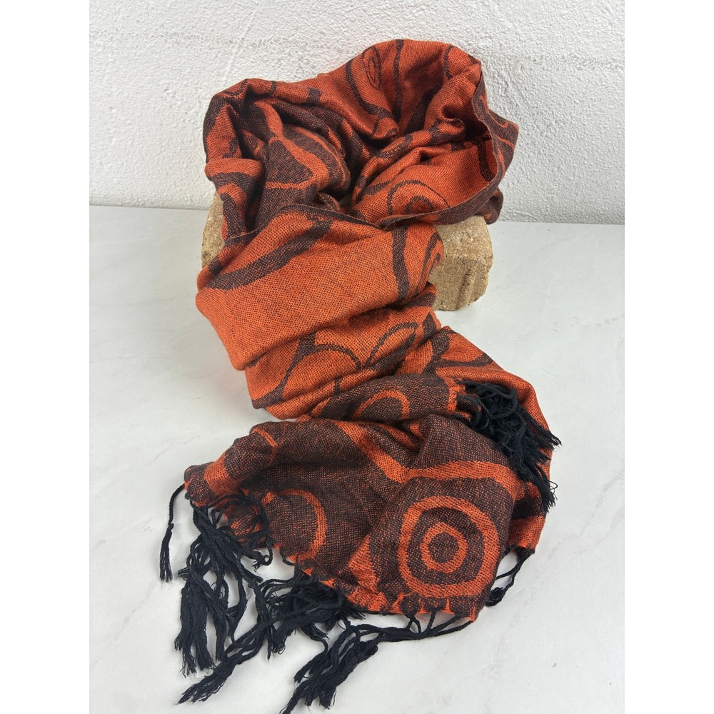 Pashmina Burnt Orange Black Silk Blend Scarf Abstract Circle Wrap Fall Shawl